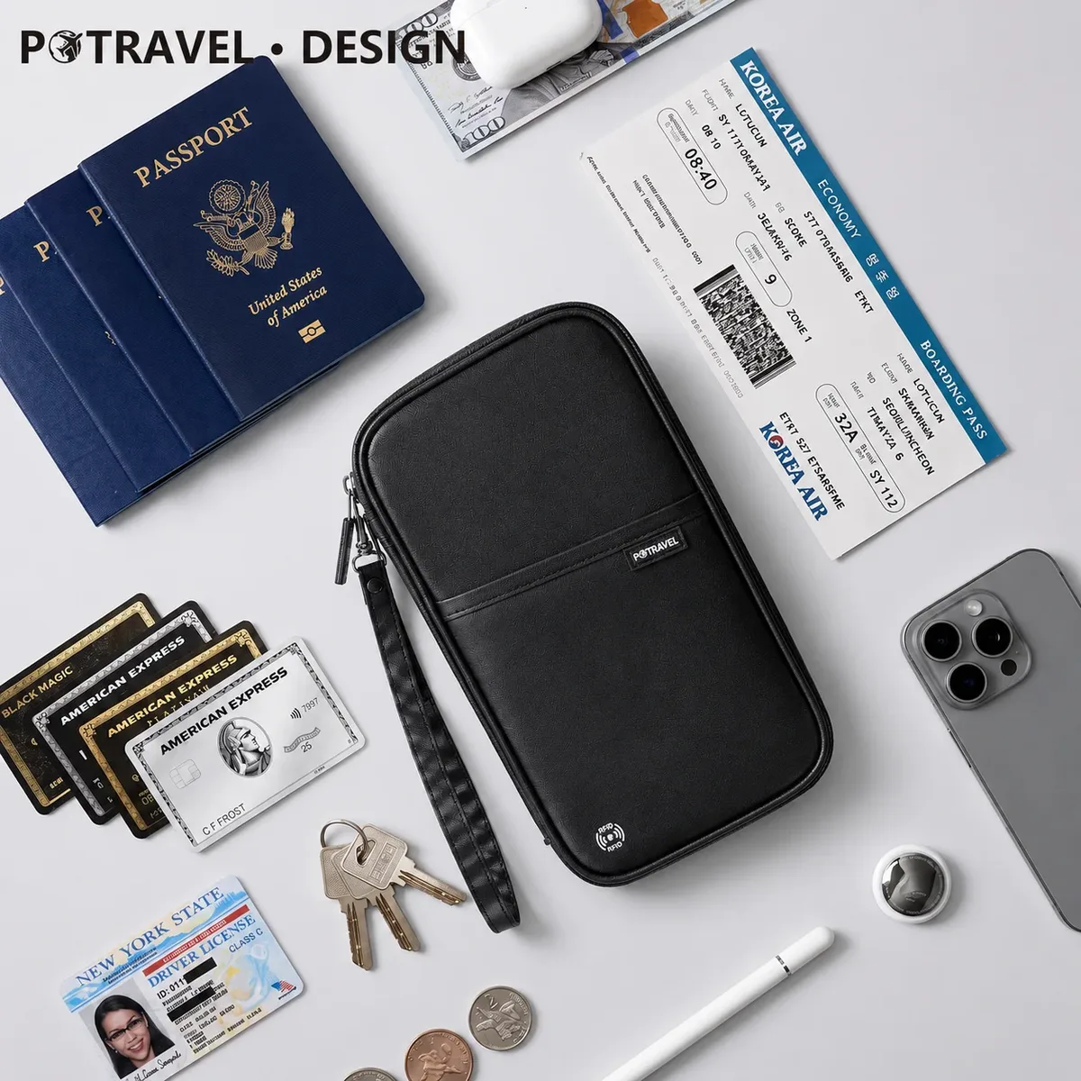 Porte-passeport de voyage RFID, organisateur de documents étanche, portefeuille de grande capacité, sac pour cartes de billets pour hommes et femmes, voyage en famille
