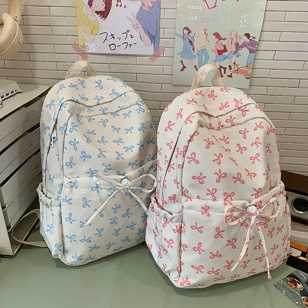 sac à dos mignon à nœud de grande capacité, sac d'école en nylon imprimé avec nœud, sac à dos de voyage à sangle réglable