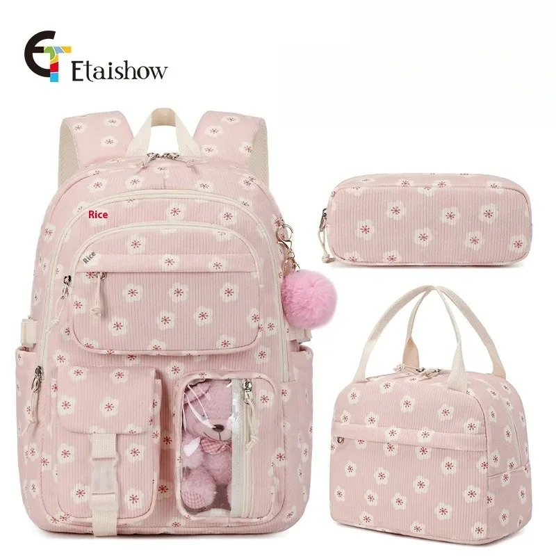 lot de 3 sacs à dos en velours côtelé motif fraise, multifonctionnels, pour l'école, les voyages, grande capacité, légers, pour étudiants