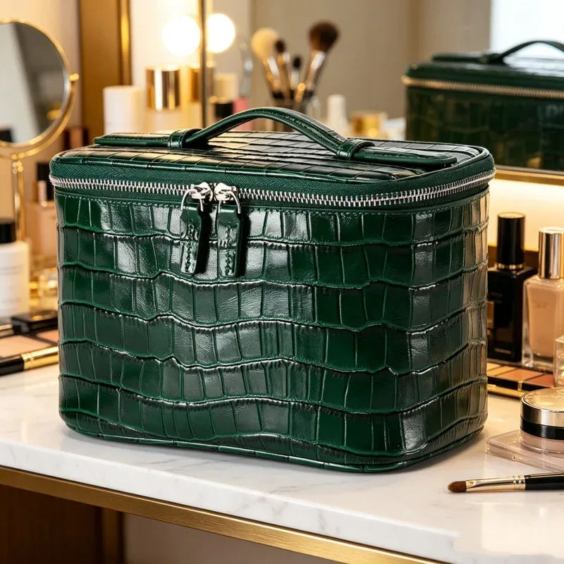 claregqi trousse de toilette femme en cuir gaufré crocodile grande capacité portable imperméable organisateur de maquillage de voyage