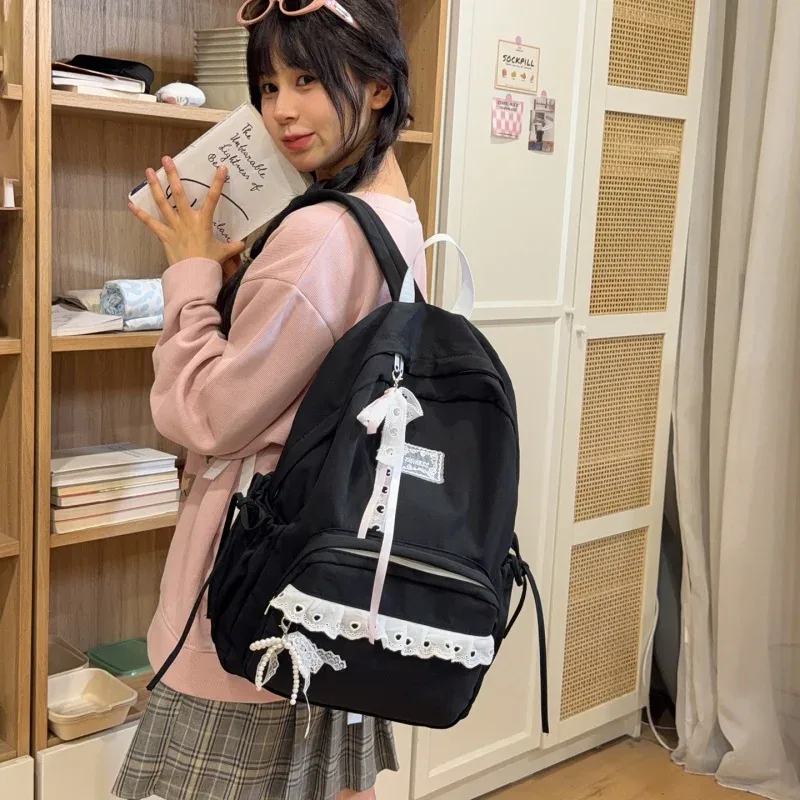 sac à dos élégant pour étudiantes, multi-poches, avec nœud en dentelle, pour le campus, décontracté, avec nœud papillon, pour livres, pour filles, pour le shopping et les sorties