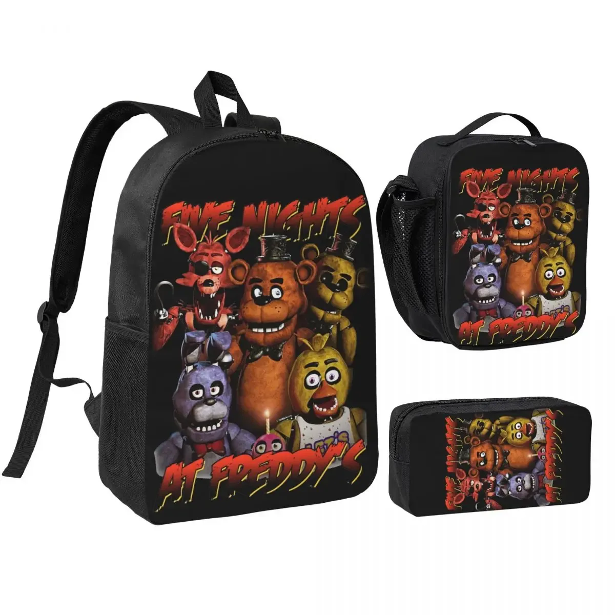3pecs/ensemble glamrock fnaf sac à dos de jeu vidéo pour étudiant retour à l'école sacs en toile sac à déjeuner trousse à crayons
