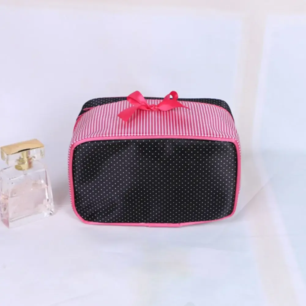 trousse de toilette portable mignonne à rayures et nœud, sac de rangement pour cosmétiques, sac à main, trousse de maquillage, étui de bain