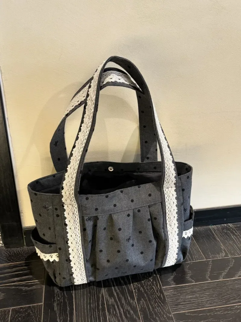 sac fourre-tout en toile floquée 3d à pois et dentelle, style coréen gris, grande capacité, pour étudiants et trajets quotidiens