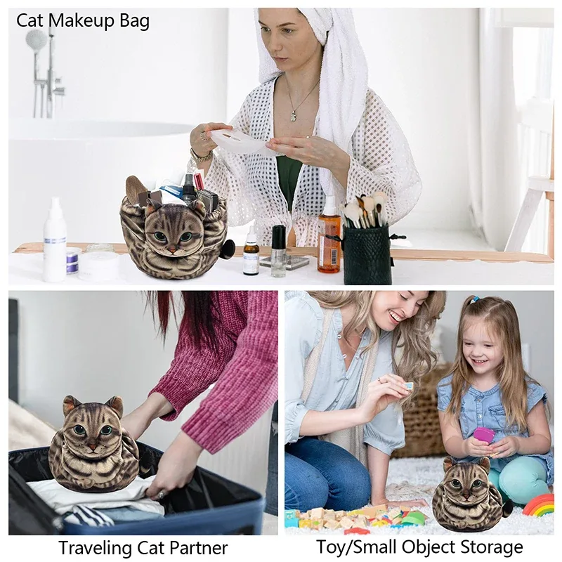 trousse de maquillage chat mignon, fermeture à cordon, conception tête de chat 3d, pochette cosmétique plate, cadeau pour femmes amoureux des chats, sac organisateur de voyage