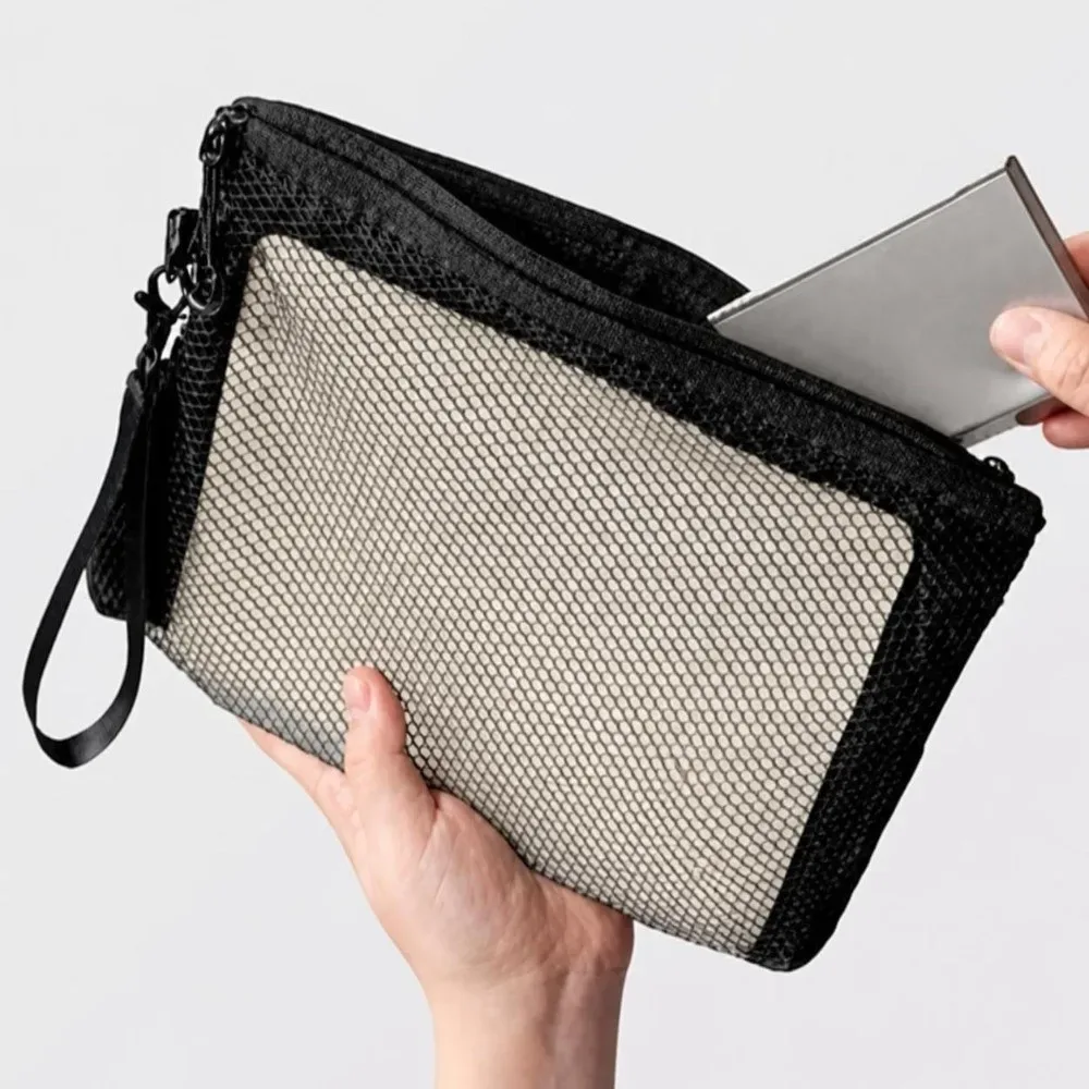 sac de rangement léger en maille, sac cosmétique en polyester de couleur unie avec fermeture éclair, porte-monnaie multifonctionnel, sac de rangement de voyage