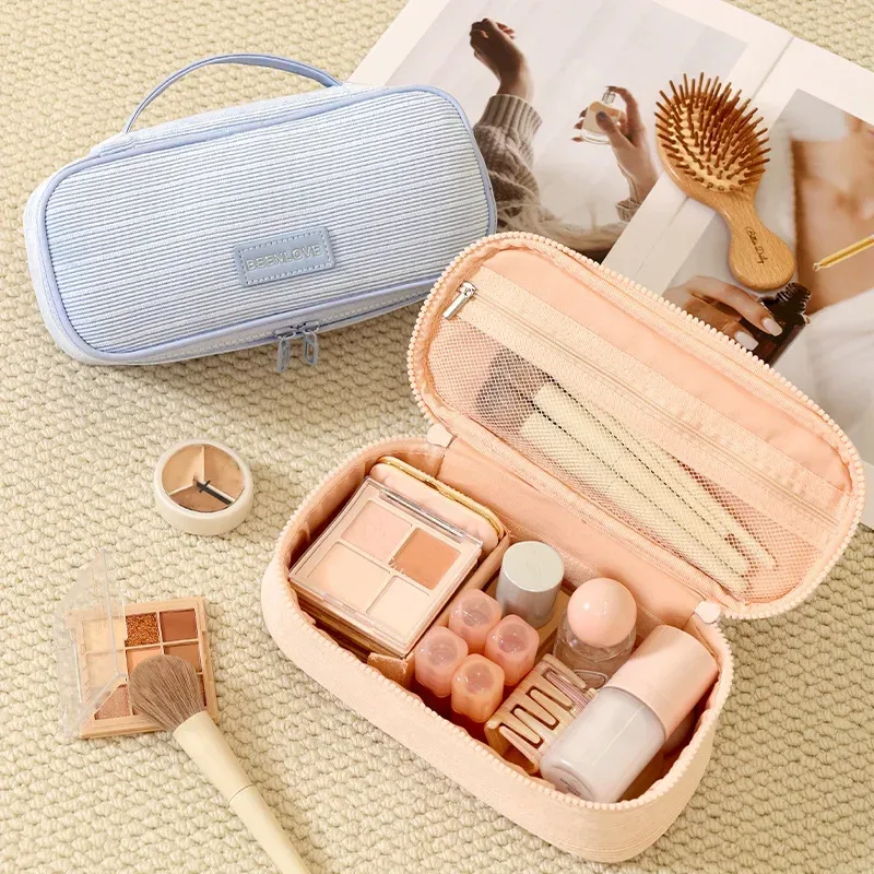 Nouvelle Trousse de Maquillage en Velours Côtelé 2026 pour Femme, Grande Capacité, Sac Carré Multifonctionnel en Velours pour Soins de la Peau, Sac de Rangement Portable