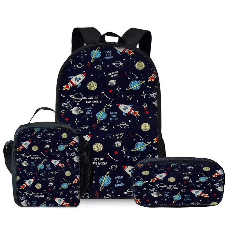 sacs à dos de la série space planet en trois pièces pour garçons et filles, meilleurs cadeaux, sac à dos scolaire 2d plat de dessin animé pour enfants