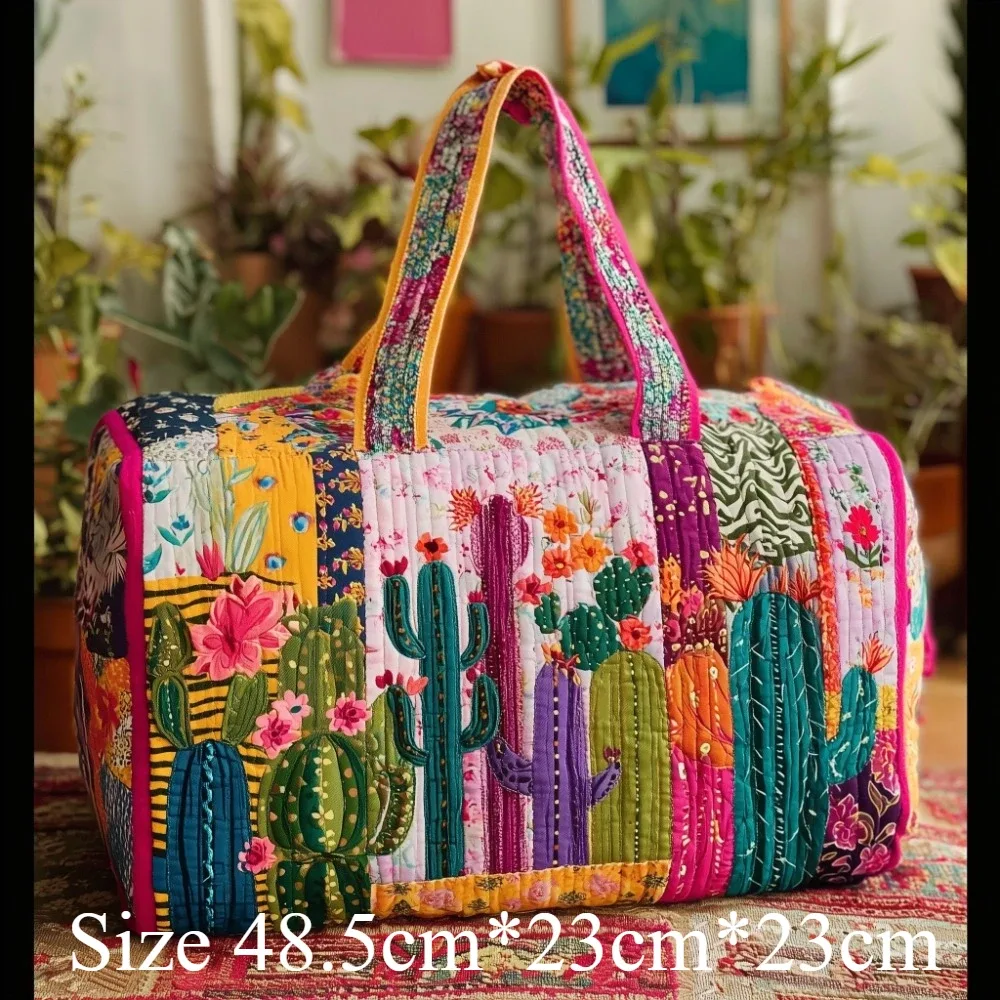 sac de voyage matelassé imprimé 3d motif cactus floral, léger en polyester, spacieux, idéal pour les week-ends, la gym et les vacances