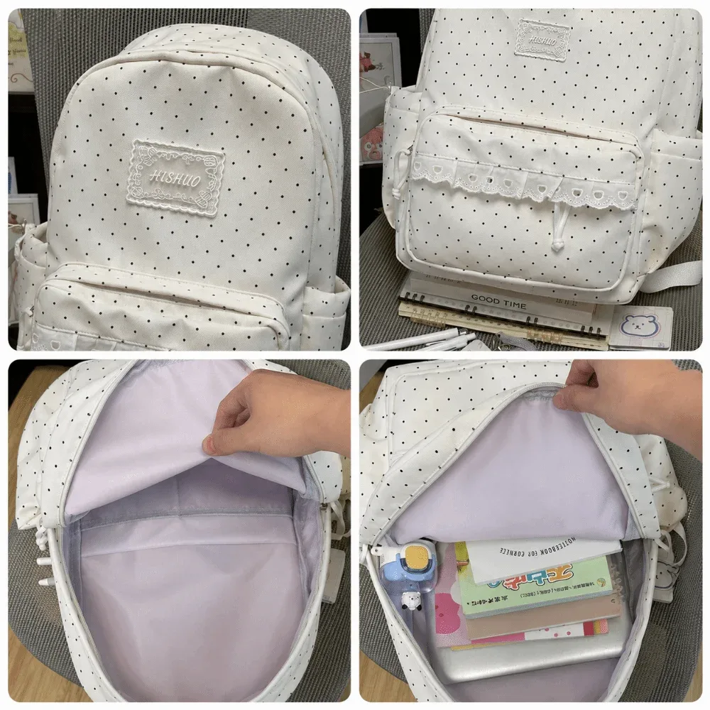 sac à dos de voyage à pois tendance avec dentelle, grande capacité, cartable d'étudiant, sac à dos multi-poches en nylon pour ordinateur portable