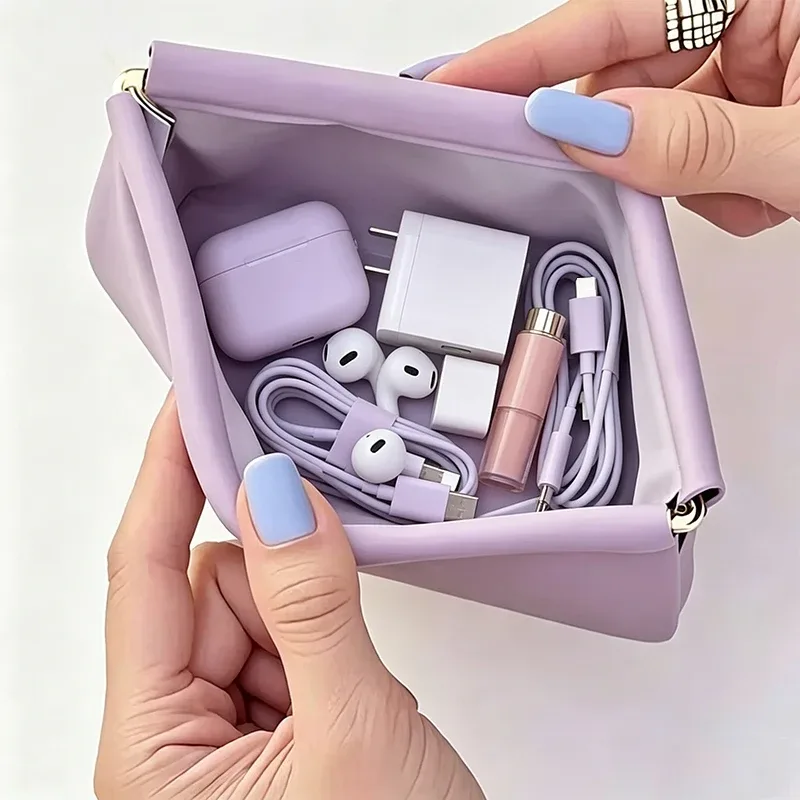 Mini sac à fermeture automatique en PU, sac de rangement portable pour écouteurs, câbles de charge, portefeuille zéro, monnaie et rouge à lèvres