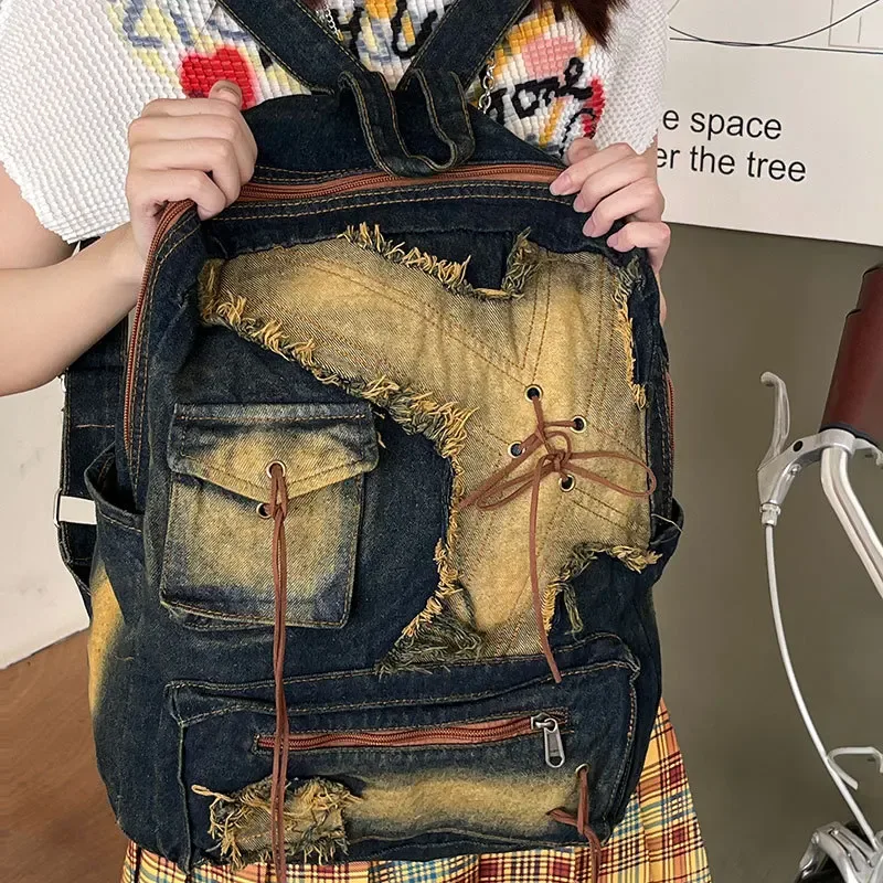 sac à dos en jean délavé grande capacité pour femme, style y2k, tendance, sac de voyage, sac à dos décontracté pour filles, sac de navetteur
