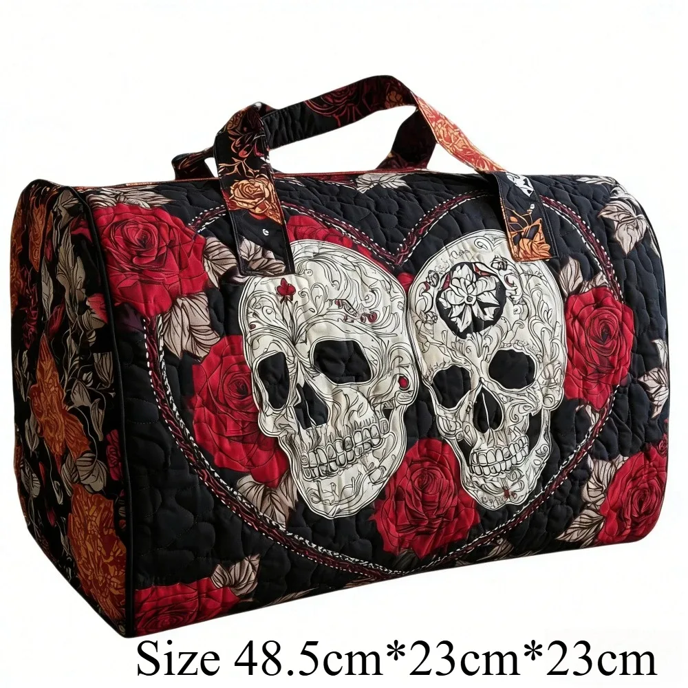 sac de voyage matelassé 3d vintage gothique imprimé crâne et rose, sac de week-end, bagage cabine, sac à main y2k style motard chic, sacs de vacances uniques