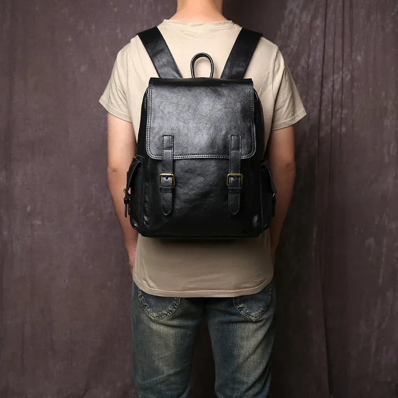 sac à dos en cuir véritable fait à la main pour homme, couche supérieure simple, sac d'ordinateur en cuir de vachette avec fermeture éclair, cartable à la mode