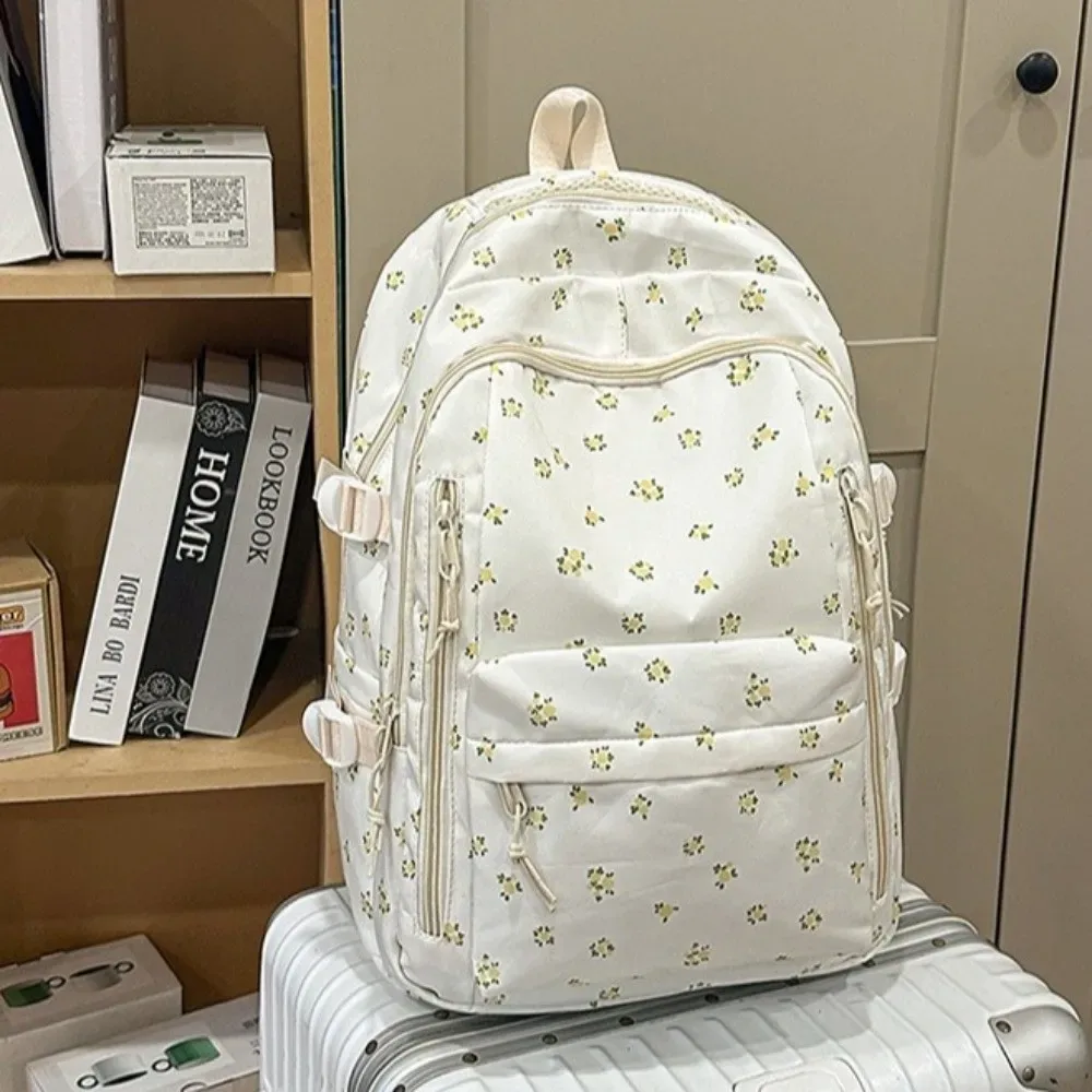 sac à dos grande capacité à imprimé floral, multi-poches, motif nœud épaissi, léger et durable, pour l'école primaire