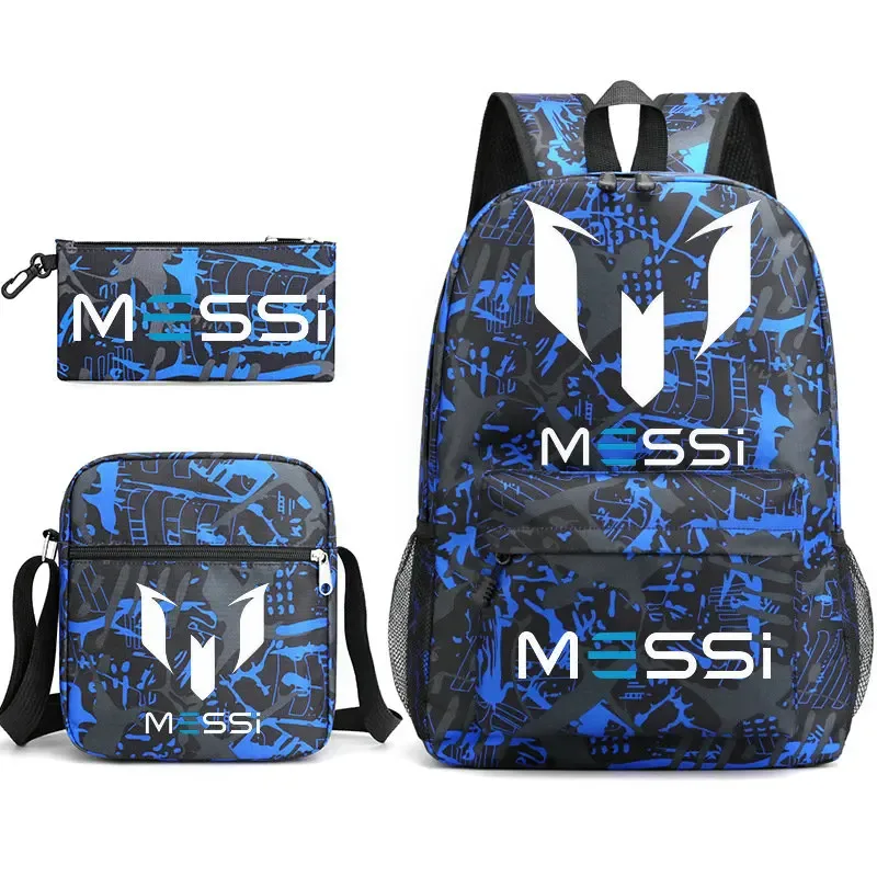 3 pièces sacs à dos messi étoiles de football imprimé léger simple sacs d'école pour ordinateur portable junior-senior lycéens mochilas