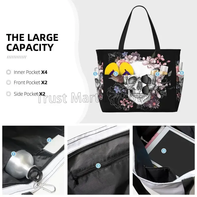 Grand sac de plage étanche pour femme, crâne de sucre, fleur d'Halloween, sac fourre-tout de piscine anti-sable, natation, salle de sport, voyage, vacances