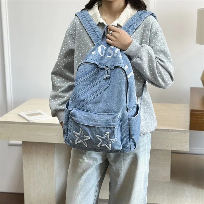 sac à dos en jean vintage pour femme, grande capacité, sac à bandoulière en jean, sac à dos quotidien pour l'école et l'ordinateur portable, design simple