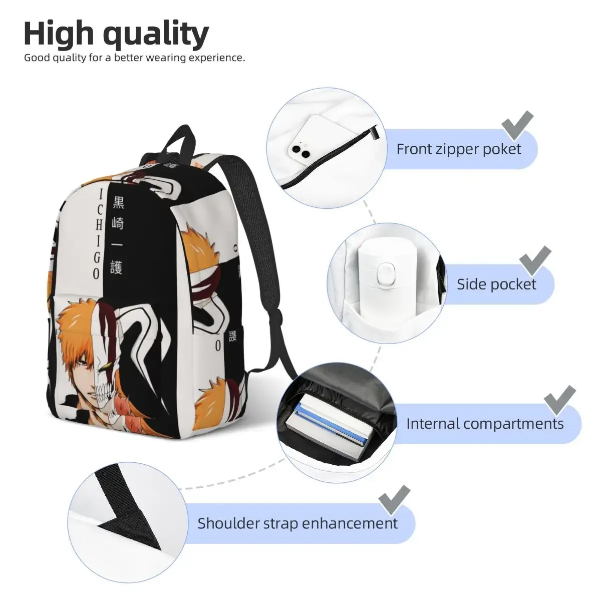 ichigo kurosaki anime bleach sac à dos d'étudiant, sac d'école, sac à dos de randonnée, sac de voyage pour hommes et femmes, sac à bandoulière