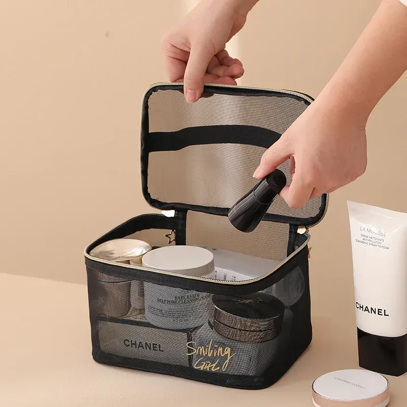 sac à cosmétiques en maille noire pour femmes, petit grand trousse de toilette et de maquillage, boîte transparente, organisateur de pinceaux de cosmétiques de voyage