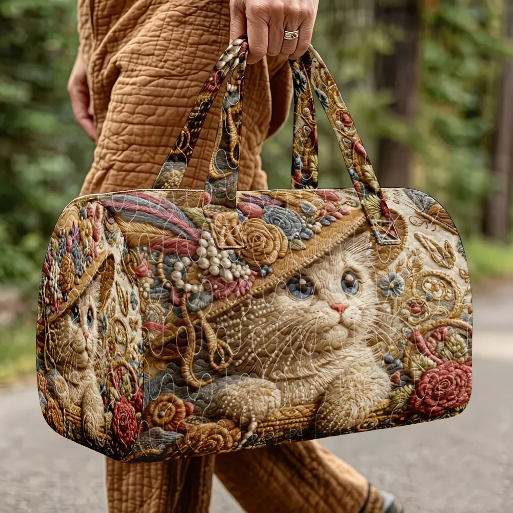 Sac de voyage matelassé vintage imprimé chat, grande capacité, sac de week-end pour femme, sac à main vintage à motif floral et chat pour le camping et les voyages d'une nuit