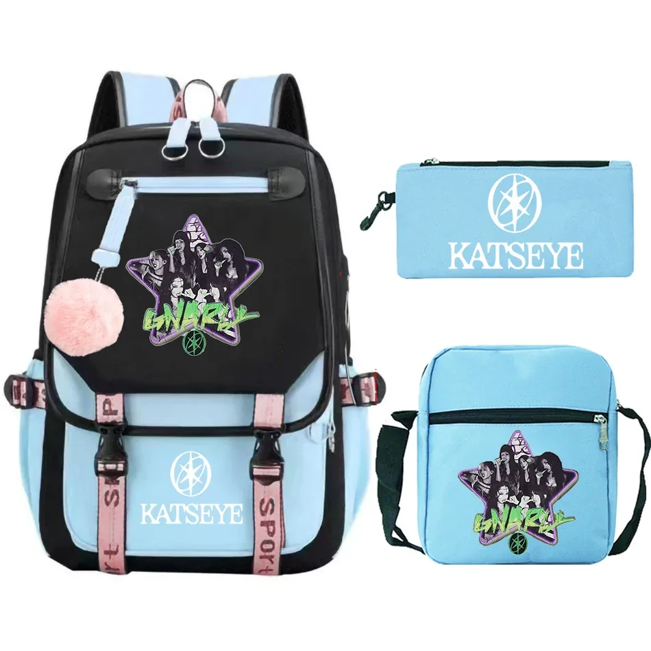 nouveau sac à dos kpop katseye pour filles, ensemble de 3 pièces, sacs d'école pour enfants, sac à déjeuner, trousse à crayons, sac d'école imprimé katseye, sac de voyage