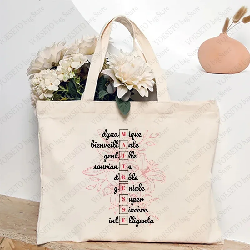 sac fourre-tout à thème enseignant, sac à bandoulière d'école inspiré avec motif de style français, sac à main à motif éducatif cadeau maitresse d'école