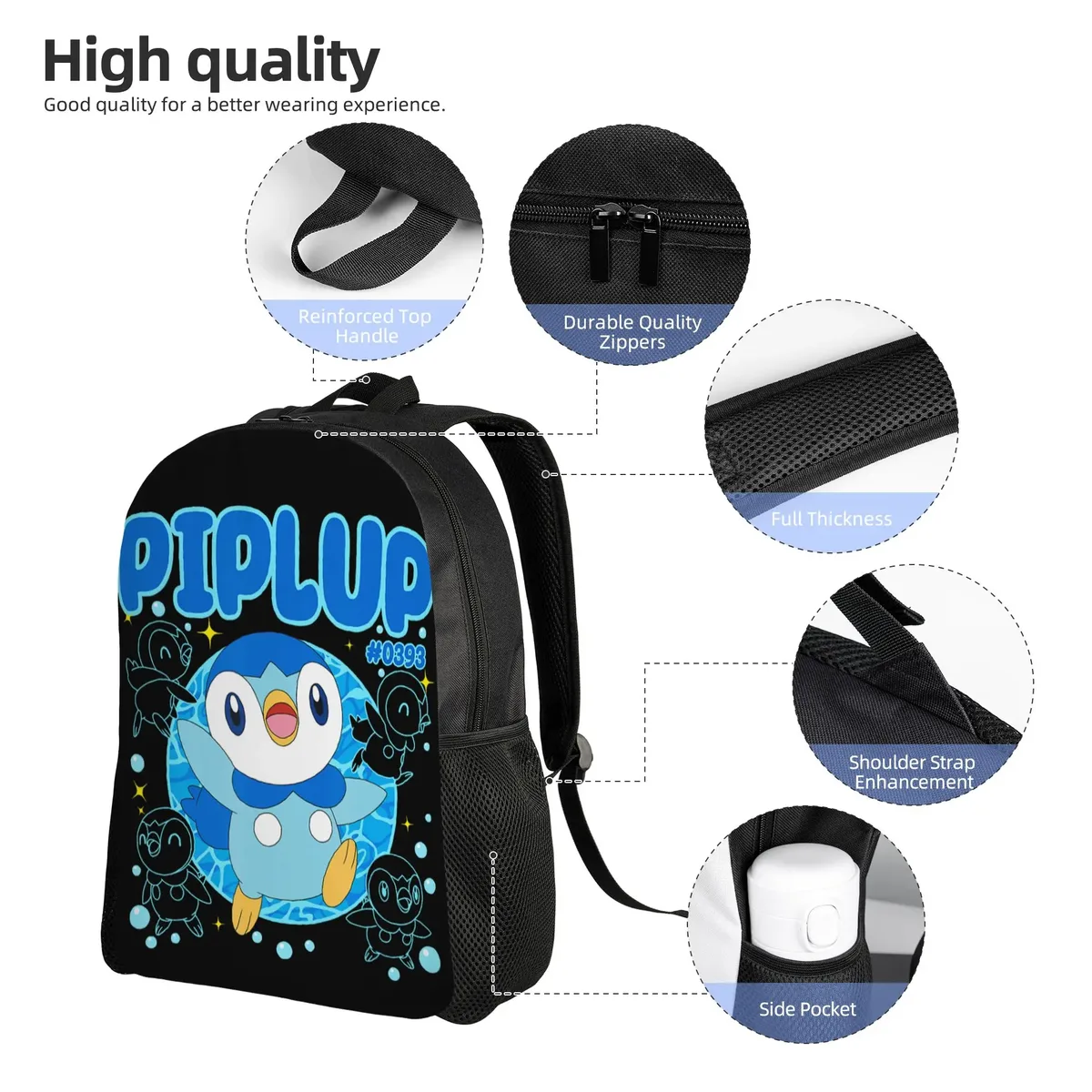 sacs à dos pokemon, sac à dos mignon happy piplup collage big chest poster daypack, sac à dos d'extérieur avec fermeture à glissière