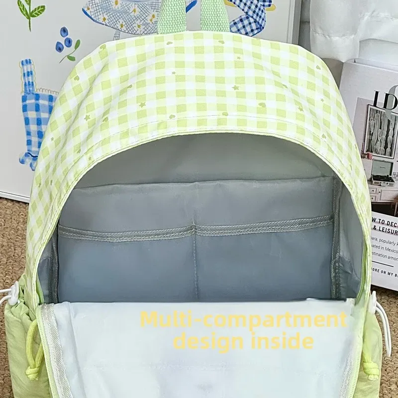 sac à dos d'étudiant en nylon à carreaux, style coréen, motif cœur, doux, mignon, décontracté, respirant, léger, pour les trajets quotidiens