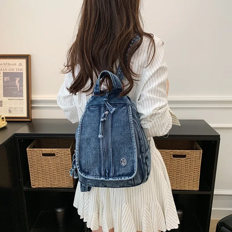 sac à dos en jean tendance pour femme, sac d'école décontracté, sac de voyage rétro délavé, sac à dos léger, s