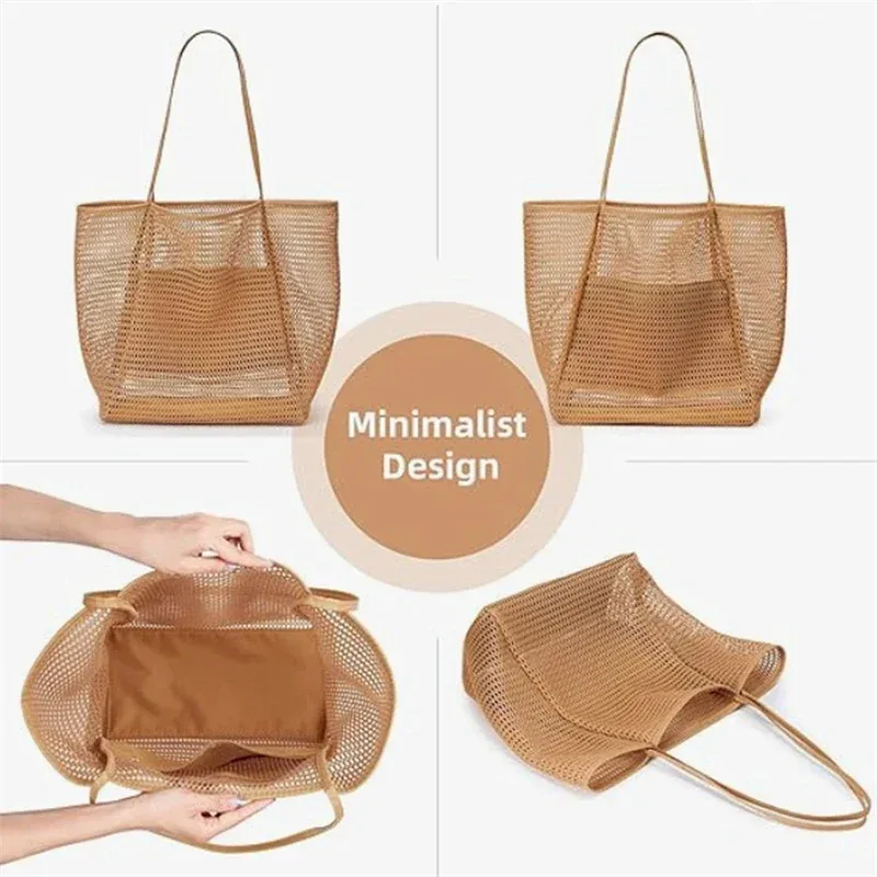 sac de plage grande capacité pour femme, pliable, en maille, sac de natation, sac à bandoulière tissé avec ouverture supérieure pour les voyages et le shopping