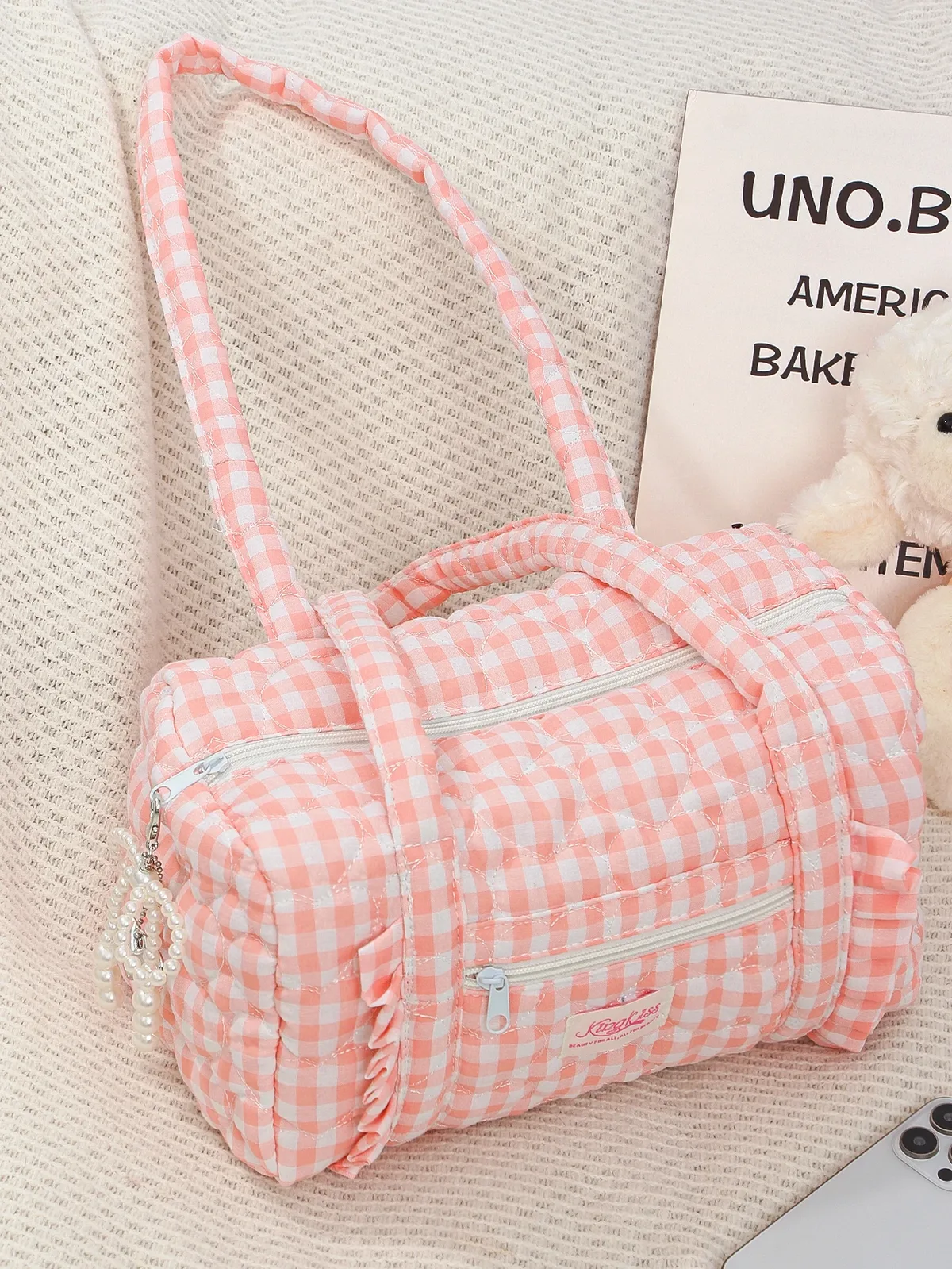 sac de voyage à carreaux bleus, sac de voyage multifonctionnel de grande capacité, sac de rangement portable pour articles de toilette quotidiens 1 pièce