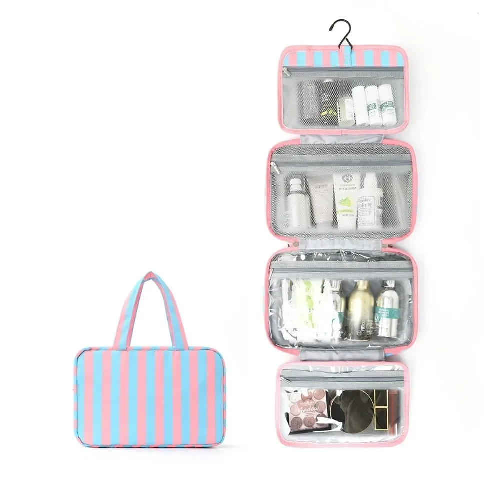 sac de toilette de voyage portable à suspendre, organisateur de cosmétiques à 4 compartiments rayés avec crochet, sac de cosmétiques de grande capacité pour voyage