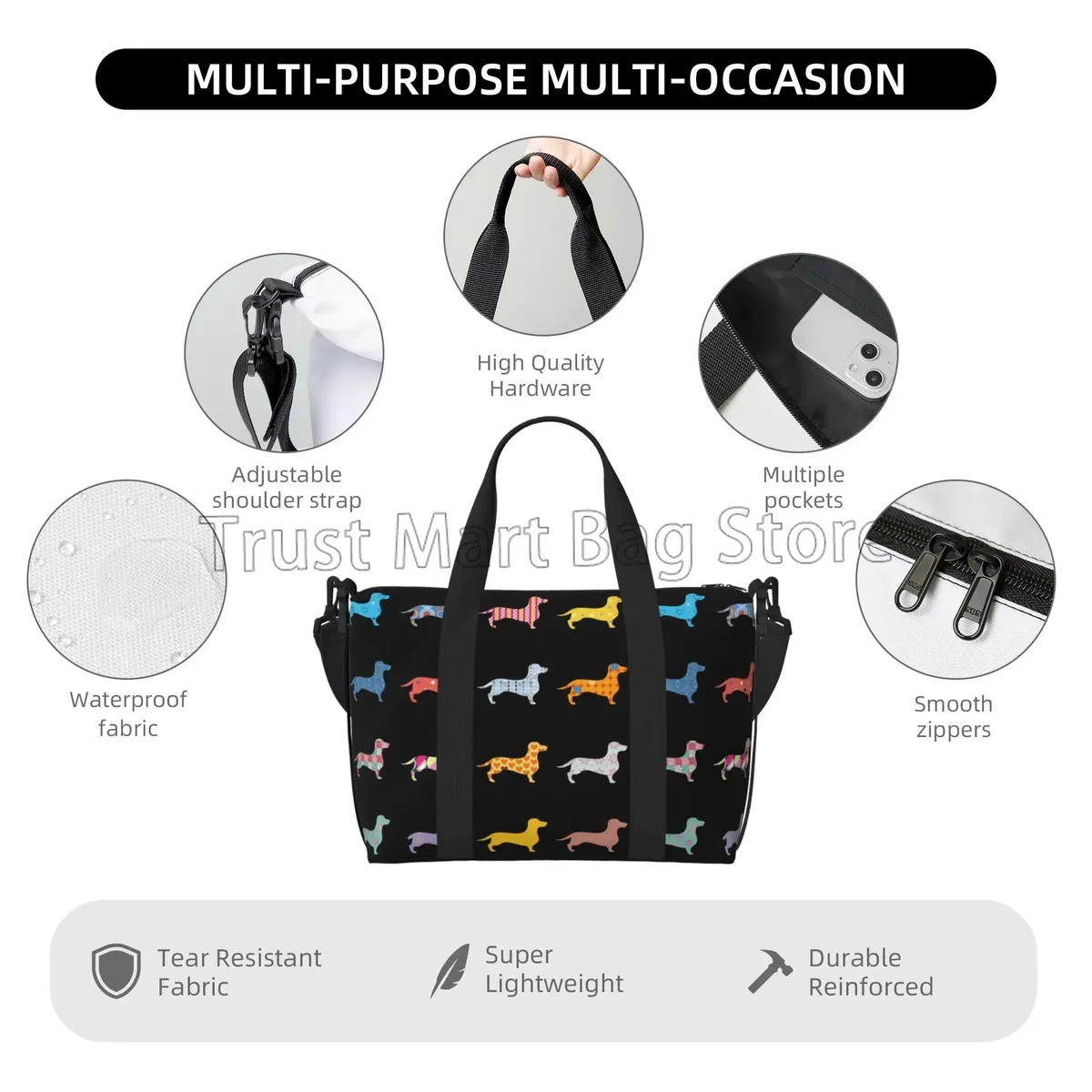 sac de sport personnalisé durable unisexe, sacs de voyage mignons, grands sacs d'entraînement, sac de week-end, sac de nuit, salle de sport, chiens teckel