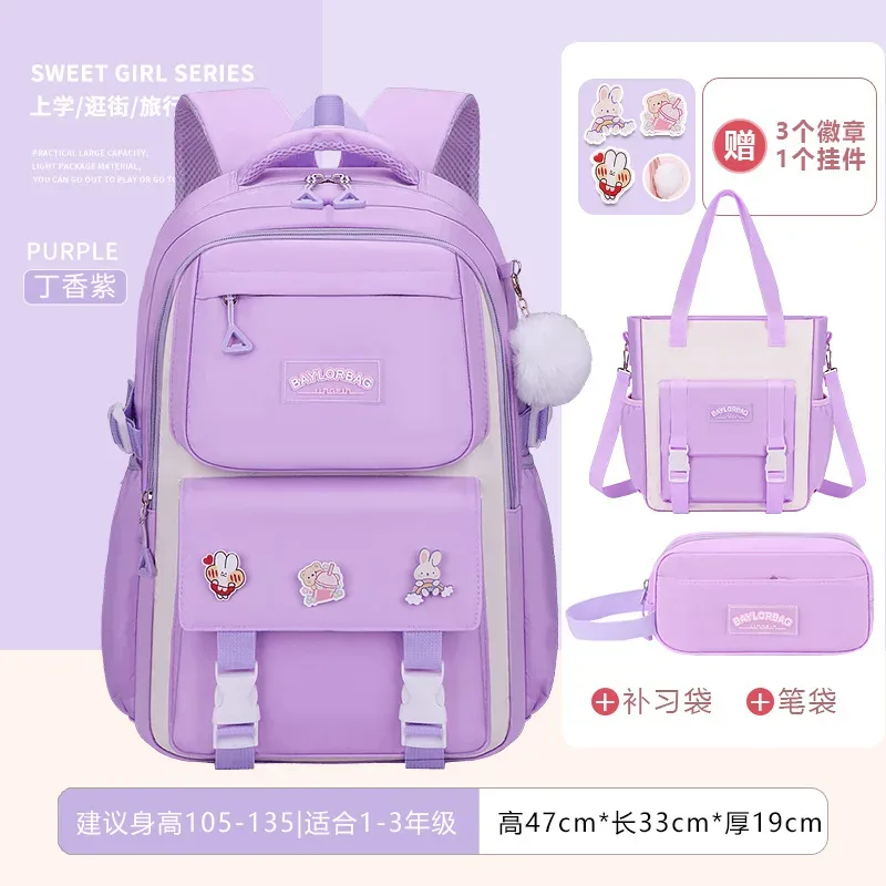 ensemble de 3 sacs à dos de grande capacité avec protection dorsale, violet et rose, avec accessoires suspendus pour les élèves du collège et du lycée