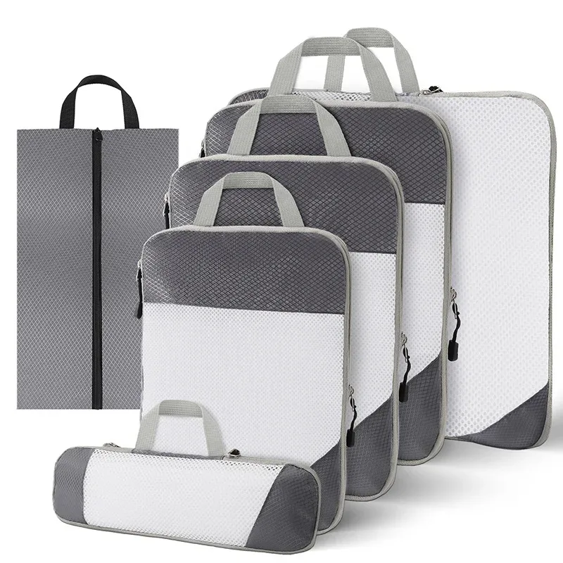 sac de rangement en nylon imperméable à compression de voyage portable, ensemble de pochettes de rangement à motif de grille visuelle pour l'organisation du voyage