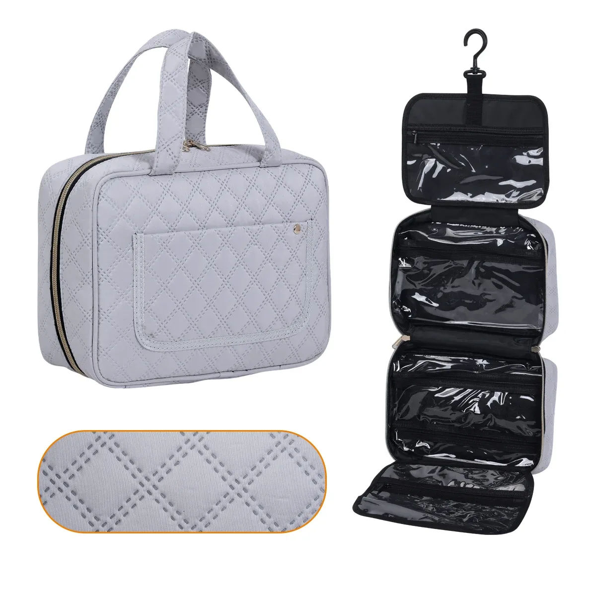 uozl organisateur de toilette suspendu de grande capacité-étui de maquillage en polyester noir imperméable avec fermeture éclair dorée, multi-compartiments de