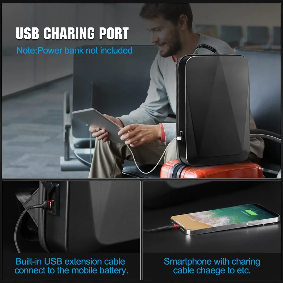 sac à dos rigide pour ordinateur portable 15.6 pouces pour hommes, étanche, antivol, extensible, verrouillage tsa, sac de jeu, sac à dos d'affaires de luxe, charge usb