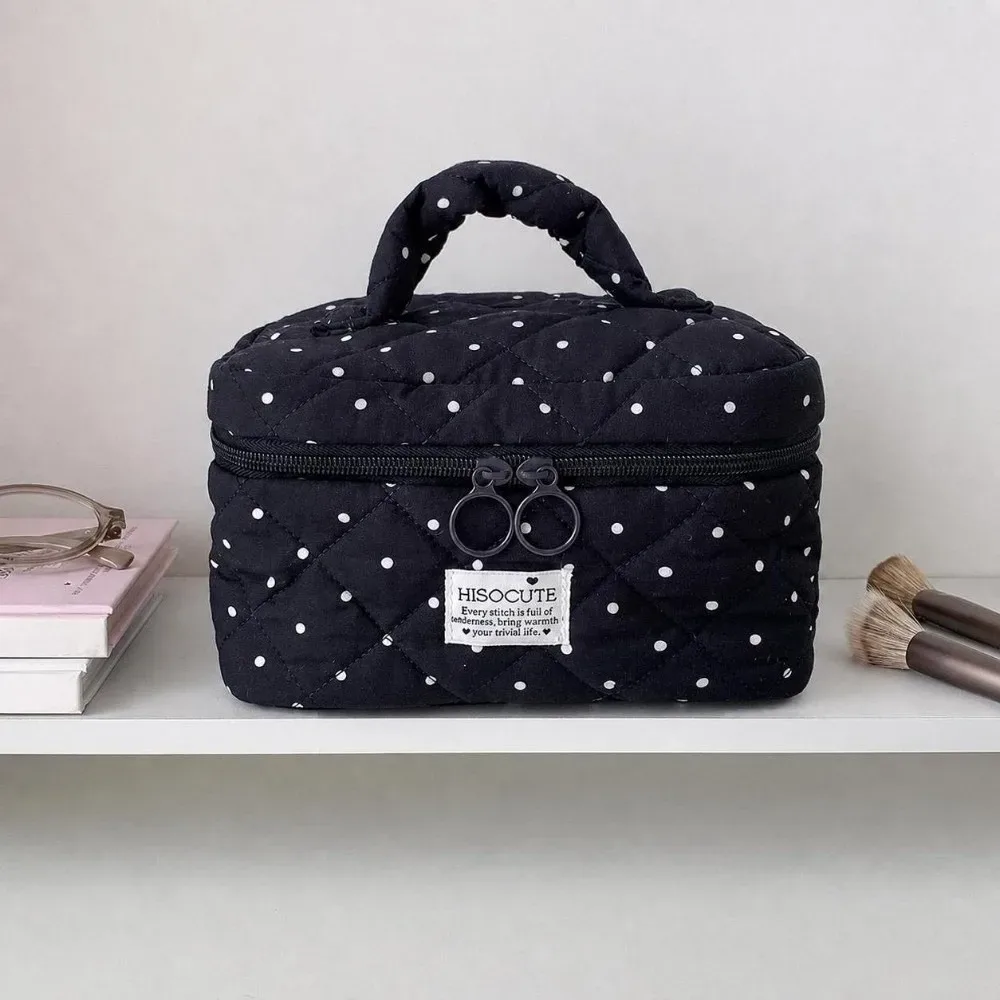 sac de maquillage matelassé à motif à pois kawaii, grande capacité avec poignée, organisateur de toilette de voyage, sac de rangement polyvalent pour femmes