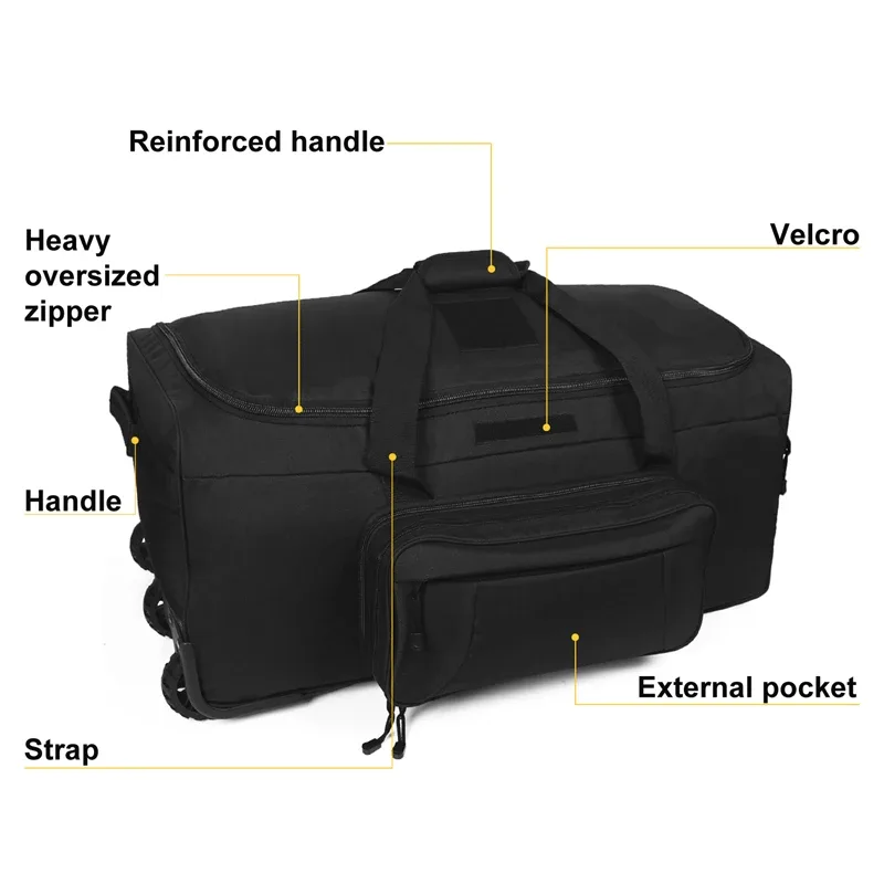 sac polochon tactique de grande capacité 124l, bagages roulants pour camping robuste, randonnée, valise de voyage