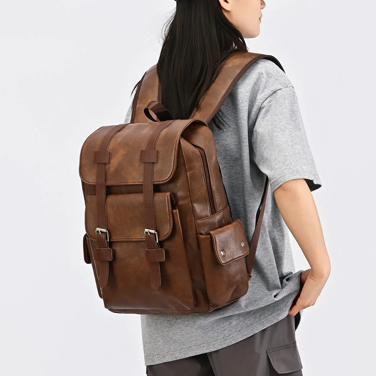 sac à dos rétro à rabat avec boucle, grande capacité, pour étudiants, affaires, ordinateur portable, couple, campus, voyage
