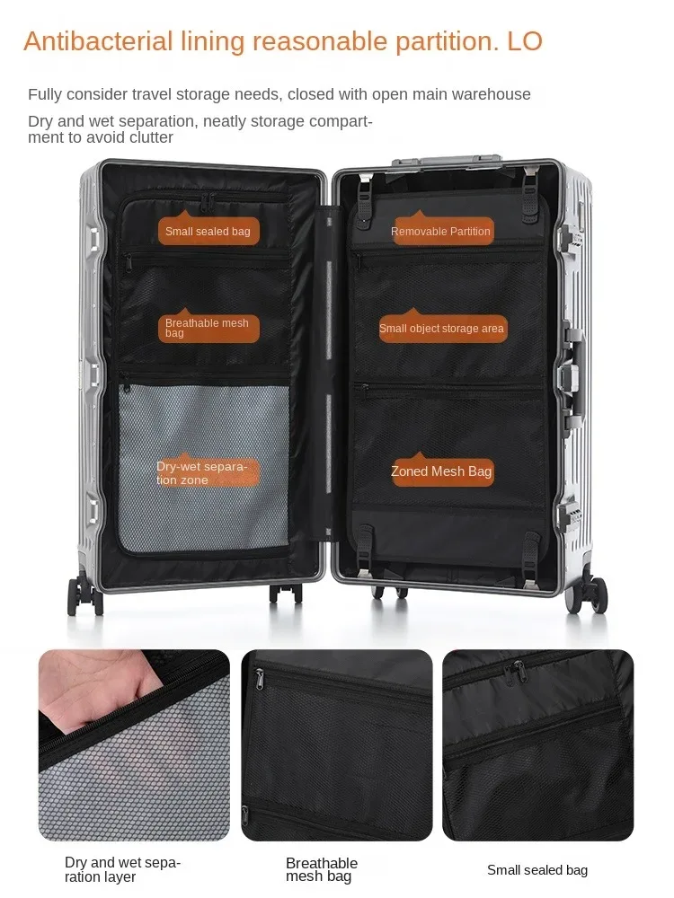 valise de grande capacité 30-36 pouces, 26 bagages à cadre en aluminium, abs épais + boîtier de chariot pc, bagage à main de 20 pouces avec porte-gobelet