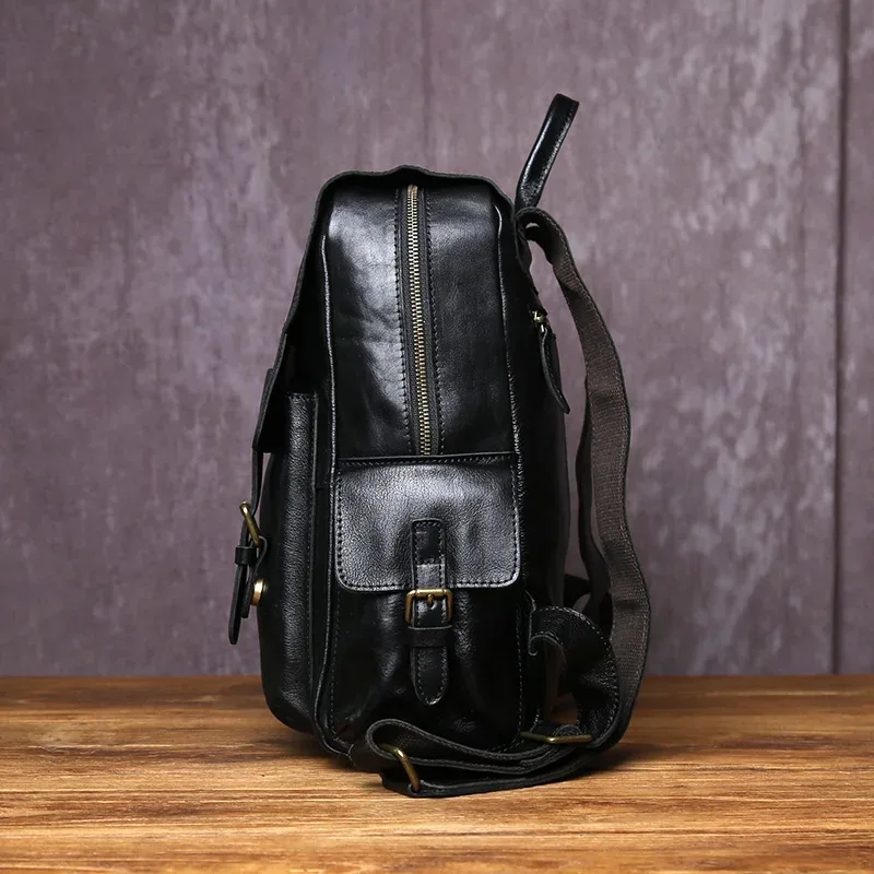 sac à dos en cuir véritable fait à la main pour homme, couche supérieure simple, sac d'ordinateur en cuir de vachette avec fermeture éclair, cartable à la mode