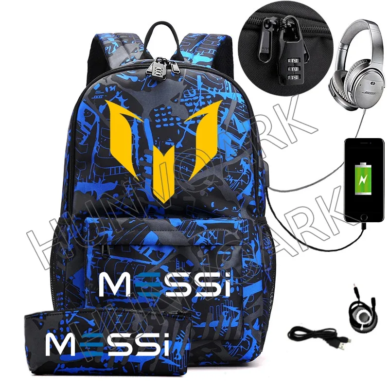 2 pièces messi sac à dos an-ti lock usb femmes hommes capacité adolescents sacs d'école pour ordinateur portable décontracté lycéens mochilas