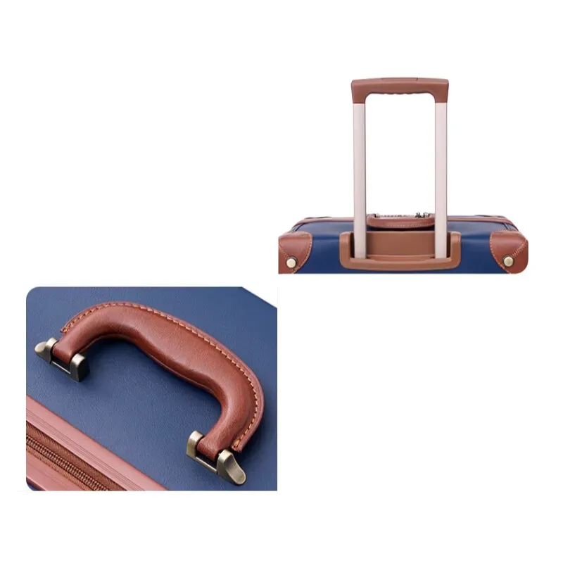 bagage d'affaires vintage en cuir bleu, valise à main de 20 pouces + valise à carreaux de 24 pouces, roulettes spinner, serrure tsa, style collégial unisexe