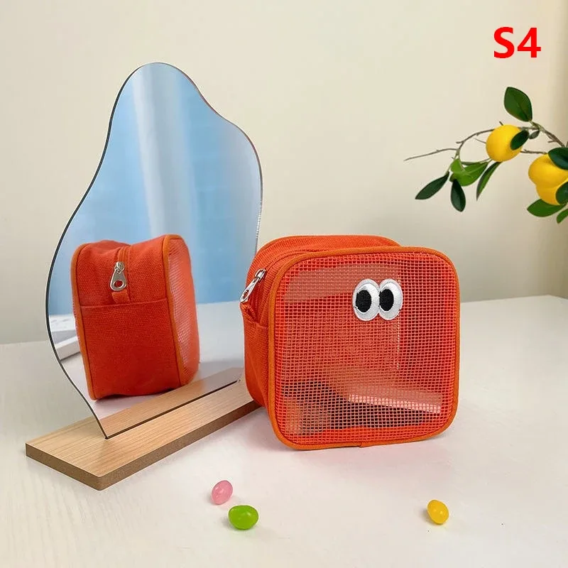 trousse de maquillage portable kawaii, sac cosmétique en maille, sac de rangement de produits de toilette, poudres de maquillage, grands yeux mignons, nouveau document de bonbons
