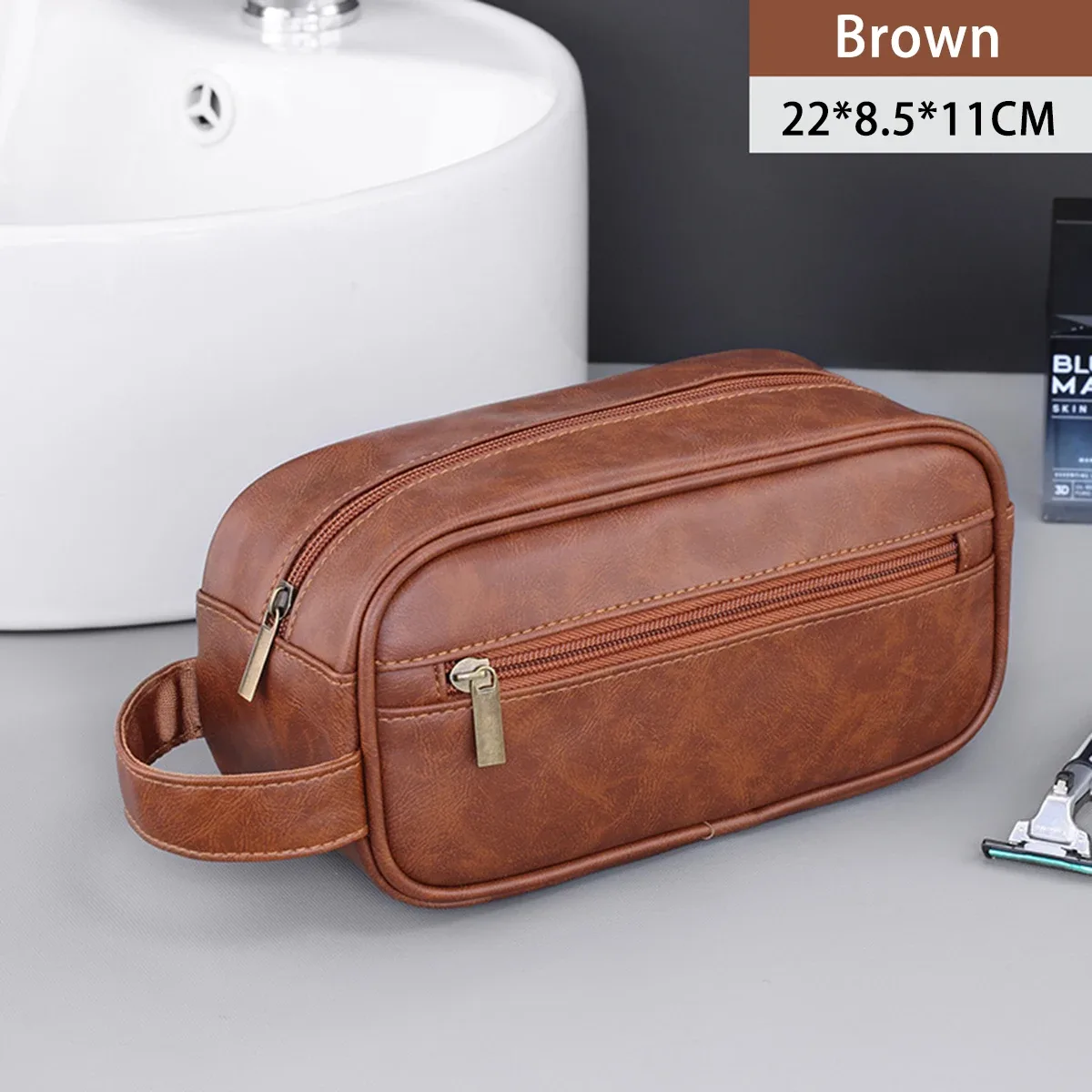sac de toilette de voyage en cuir pu pour homme, sac de rasage portable imperméable, organiseur de cosmétiques multi-poches, trousse de toilette pour voyage
