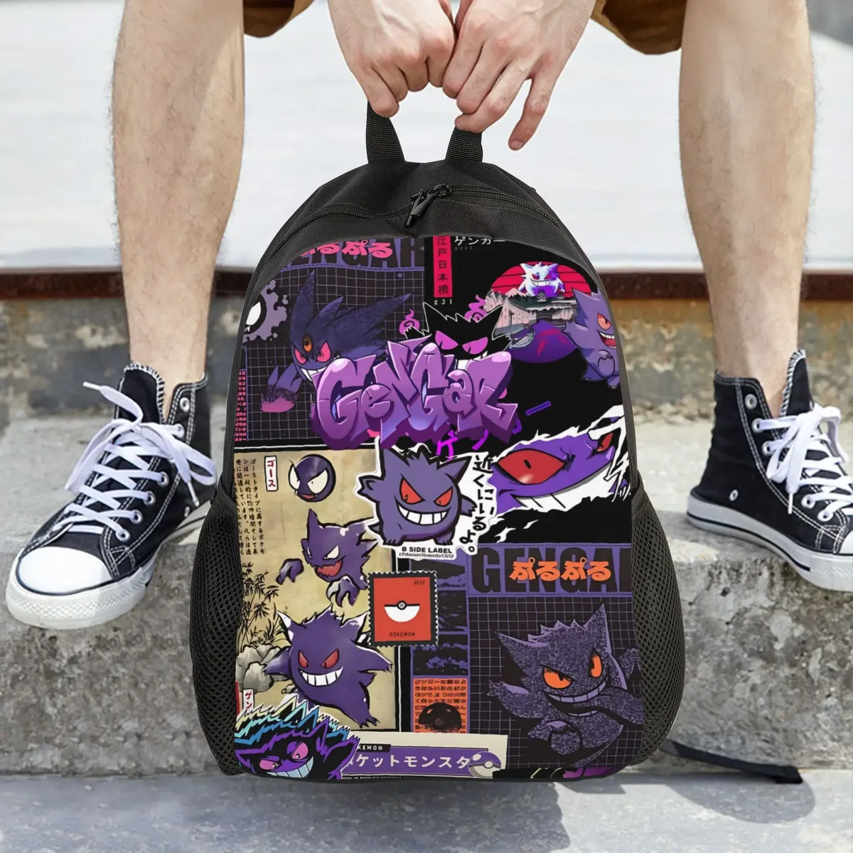 sac à dos tendance pokemon gengar à texture craquelée, sac ita, mochila, sac à dos vintage rétro lavable pour voyage