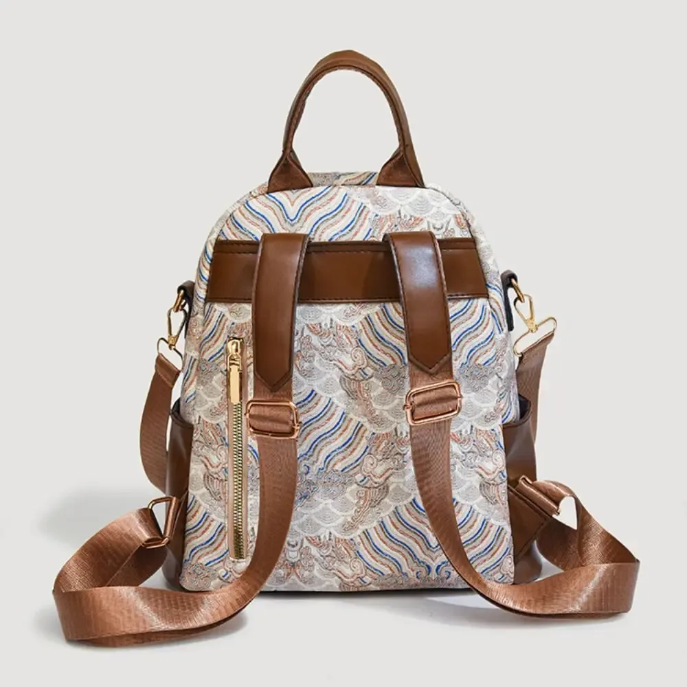 Sac à dos décontracté grande capacité pour femme, sac à bandoulière en PU style ethnique avec poignée supérieure, mini sac à dos de voyage brodé et imprimé, polyvalent