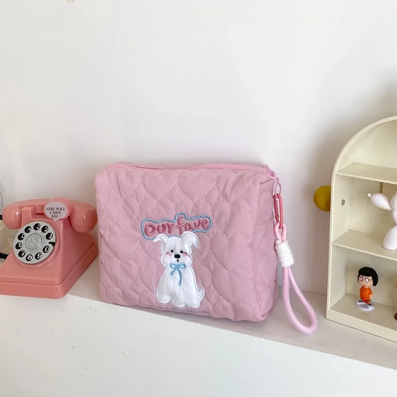 sacs à cosmétiques matelassés love pour femmes, chiot mignon brodé, trousse de toilette pour dames, trousse de maquillage féminine, sacs à main portables